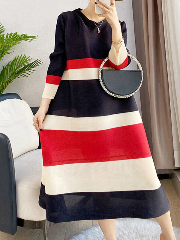 A-Line Loose Pleated Striped Round-Neck Midi Dresses - Image 7