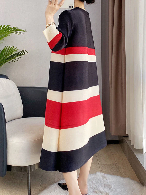 A-Line Loose Pleated Striped Round-Neck Midi Dresses - Image 8