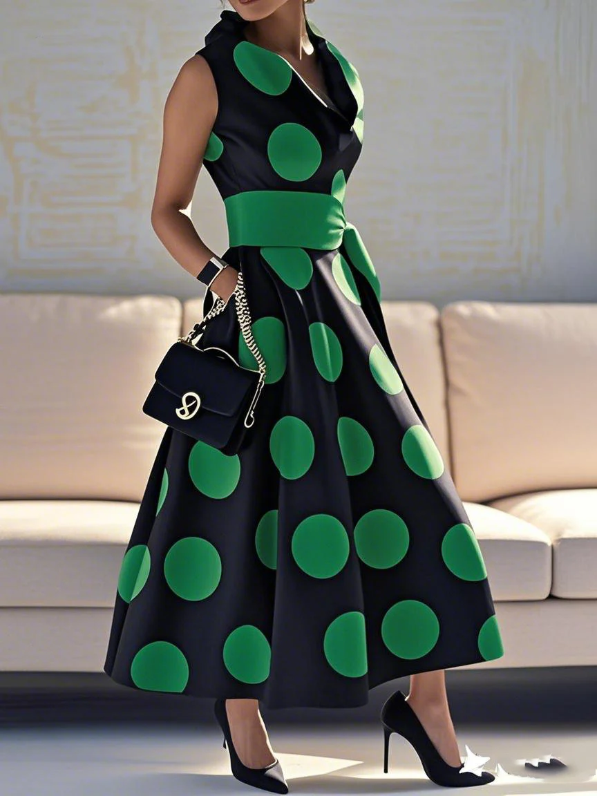 A-Line Loose Pockets Polka-Dot Split-Joint Tied Waist Lapel Maxi Dresses Shirt Dress - Image 2