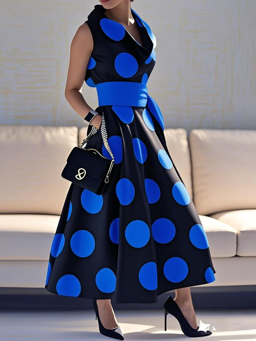 A-Line Loose Pockets Polka-Dot Split-Joint Tied Waist Lapel Maxi Dresses Shirt Dress - Image 3