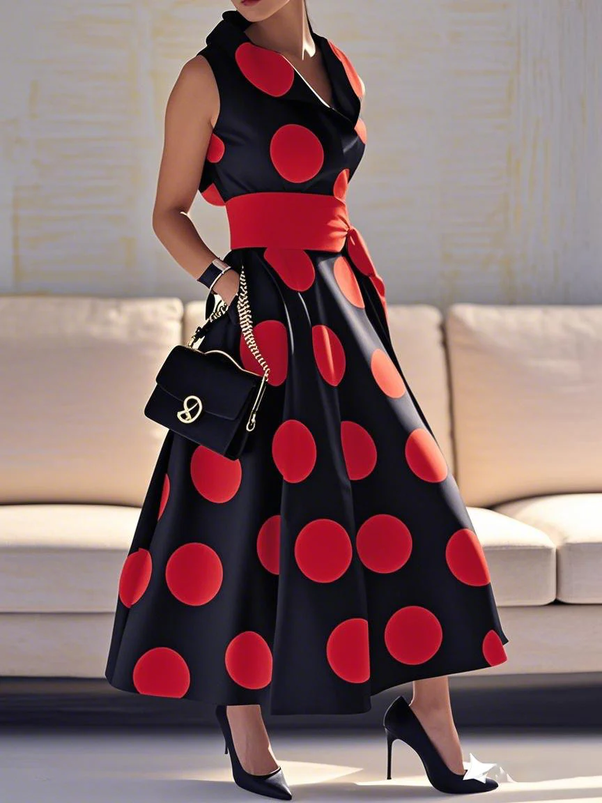 A-Line Loose Pockets Polka-Dot Split-Joint Tied Waist Lapel Maxi Dresses Shirt Dress - Image 4