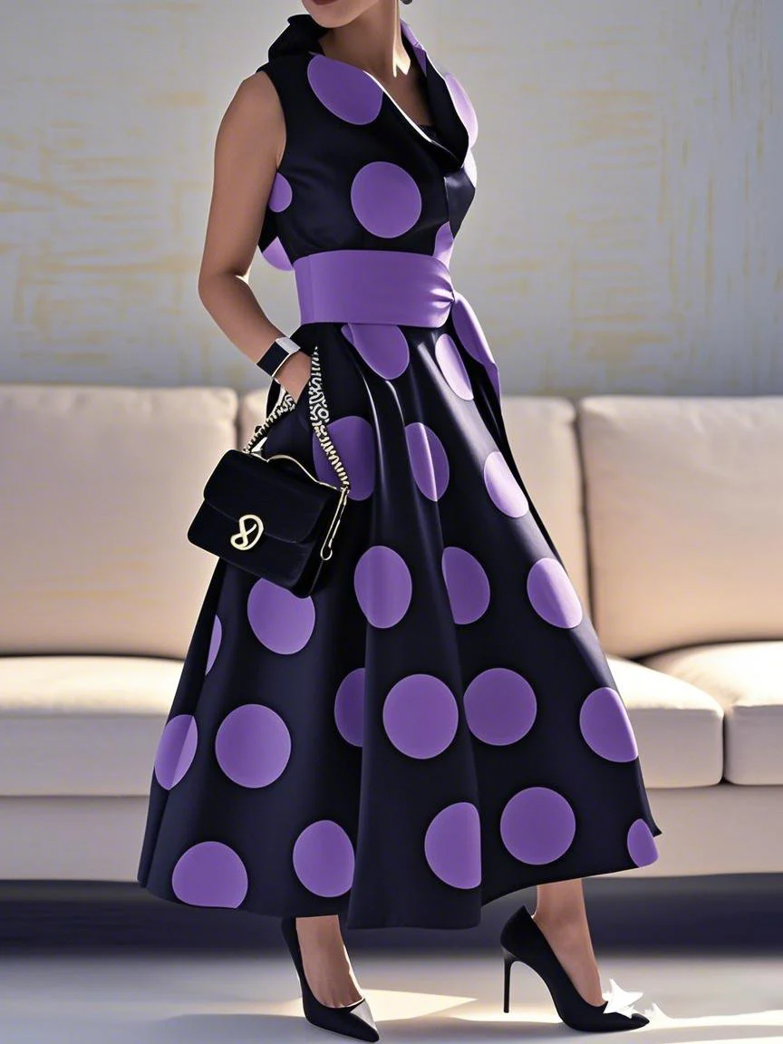 A-Line Loose Pockets Polka-Dot Split-Joint Tied Waist Lapel Maxi Dresses Shirt Dress - Image 5