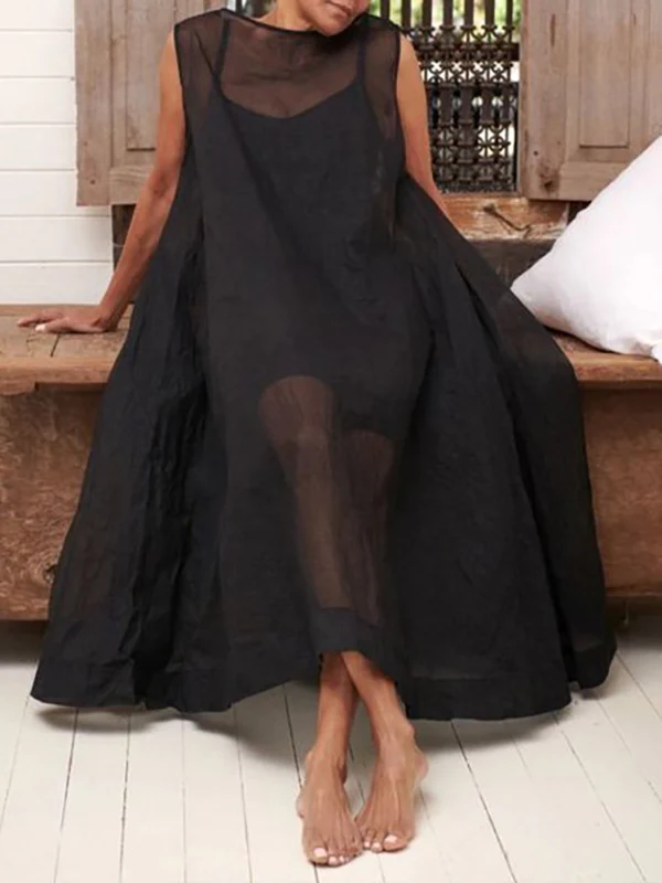 A-Line Loose Pockets See-Through Solid Color Round-Neck Cover-Up Midi Dresses - Image 2