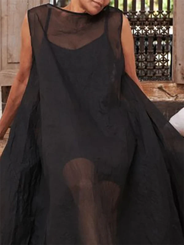 A-Line Loose Pockets See-Through Solid Color Round-Neck Cover-Up Midi Dresses - Image 3