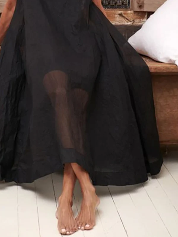 A-Line Loose Pockets See-Through Solid Color Round-Neck Cover-Up Midi Dresses - Image 4