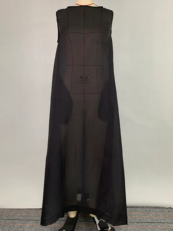 A-Line Loose Pockets See-Through Solid Color Round-Neck Cover-Up Midi Dresses - Image 7