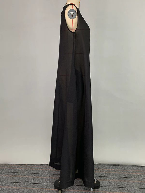A-Line Loose Pockets See-Through Solid Color Round-Neck Cover-Up Midi Dresses - Image 8