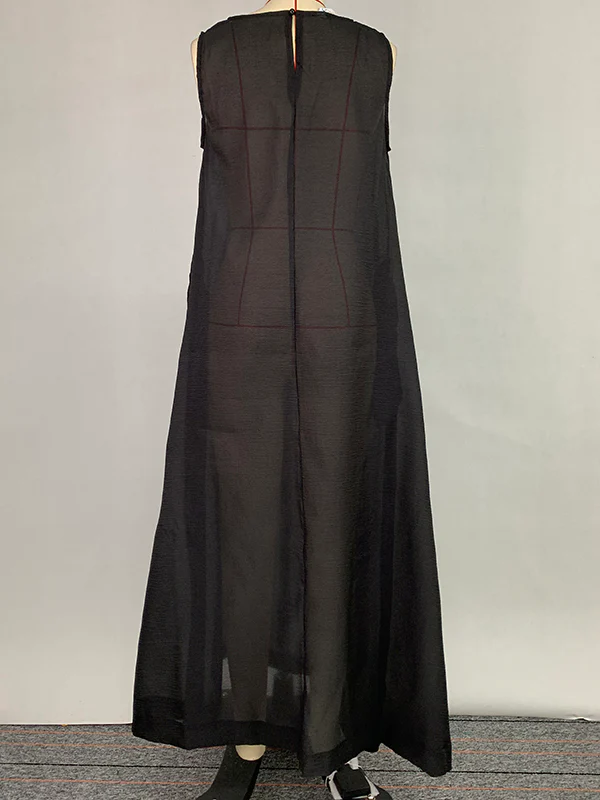 A-Line Loose Pockets See-Through Solid Color Round-Neck Cover-Up Midi Dresses - Image 9