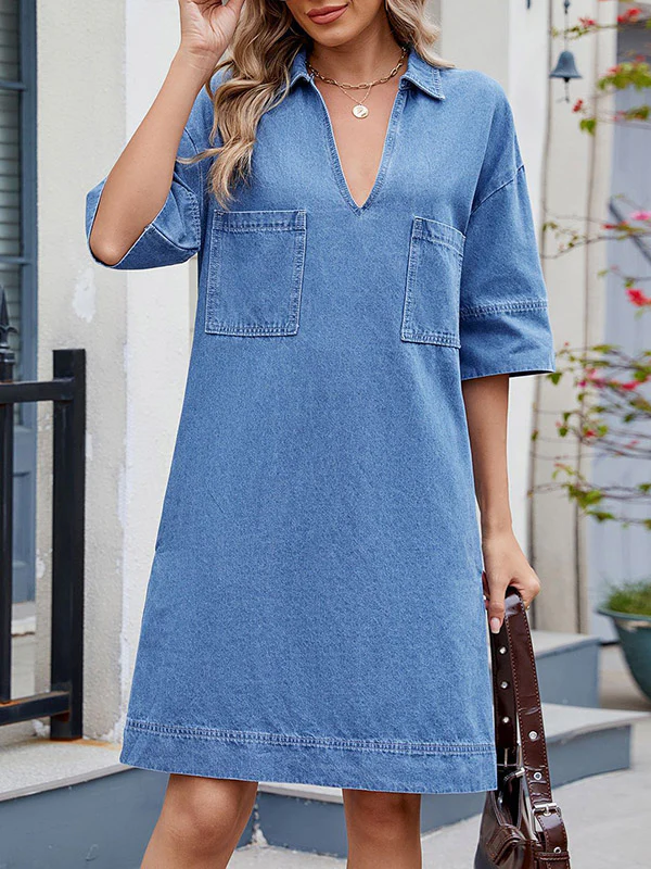 A-line Loose Pockets Solid Color Lapel Mini Dresses - Image 4