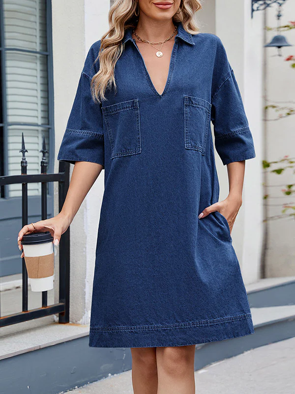 A-line Loose Pockets Solid Color Lapel Mini Dresses - Image 8