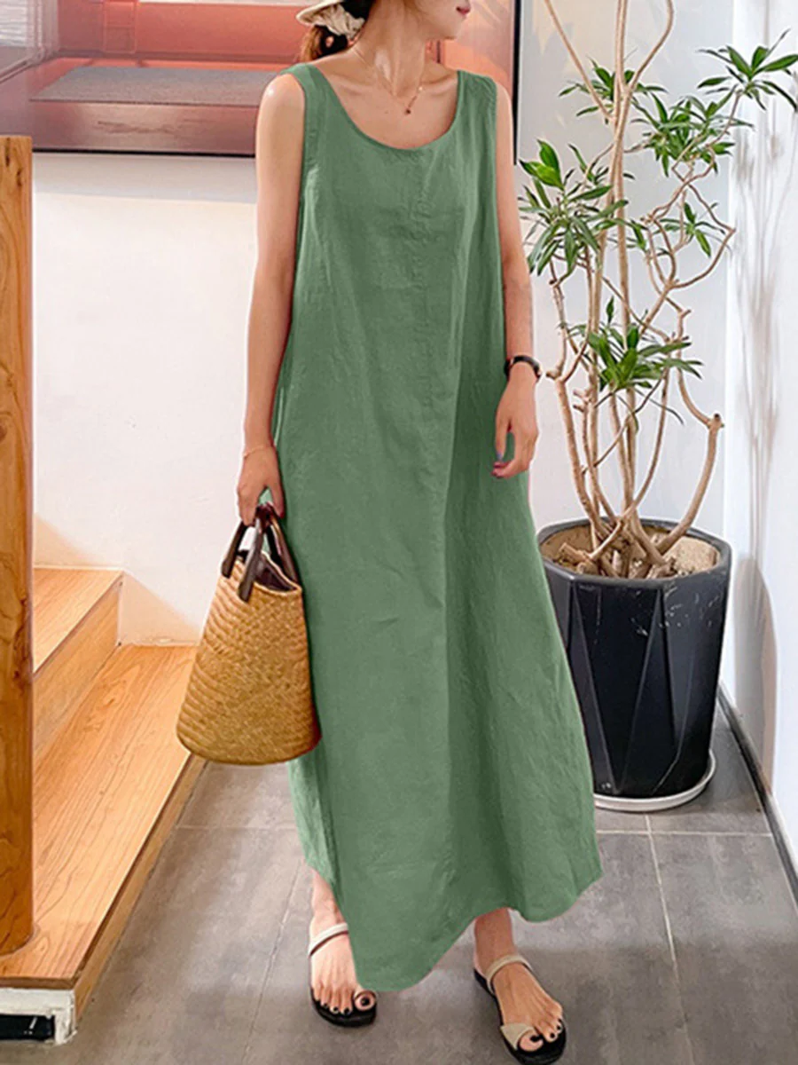 A-Line Loose Pockets Solid Color Split-Joint Square-Neck Maxi Dresses - Image 2