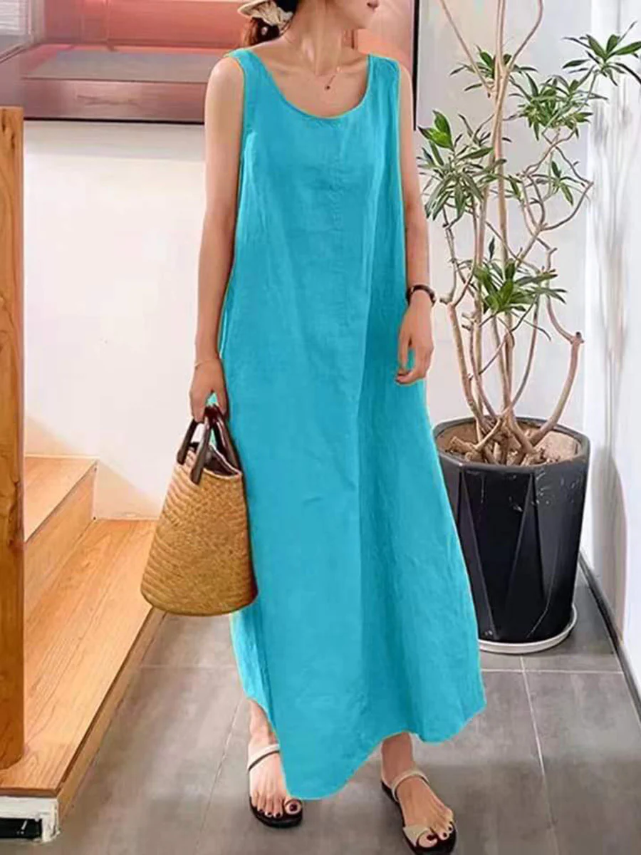 A-Line Loose Pockets Solid Color Split-Joint Square-Neck Maxi Dresses - Image 3
