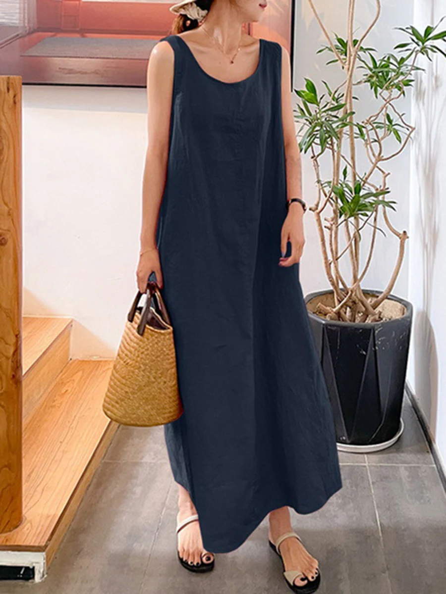 A-Line Loose Pockets Solid Color Split-Joint Square-Neck Maxi Dresses - Image 4