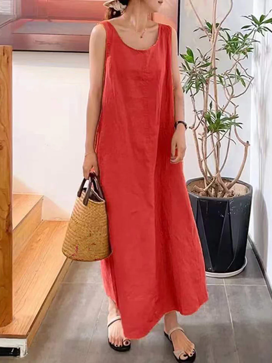 A-Line Loose Pockets Solid Color Split-Joint Square-Neck Maxi Dresses - Image 5