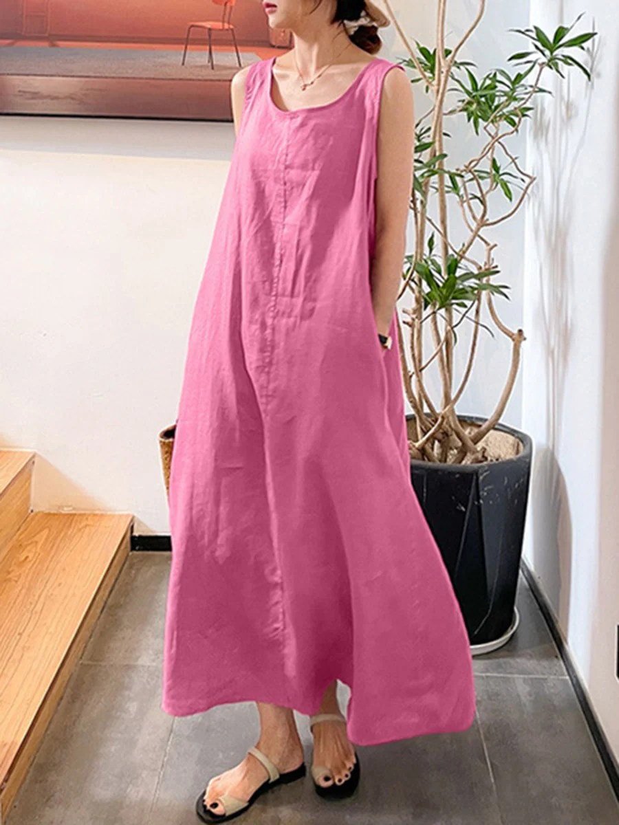 A-Line Loose Pockets Solid Color Split-Joint Square-Neck Maxi Dresses - Image 6