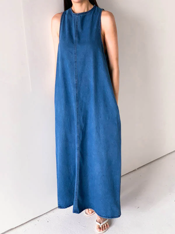 A-Line Loose Pockets Solid Color Tied Round-Neck Maxi Dresses - Image 10