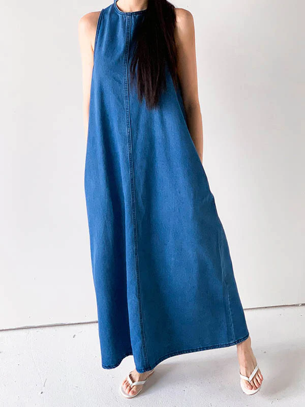 A-Line Loose Pockets Solid Color Tied Round-Neck Maxi Dresses - Image 11