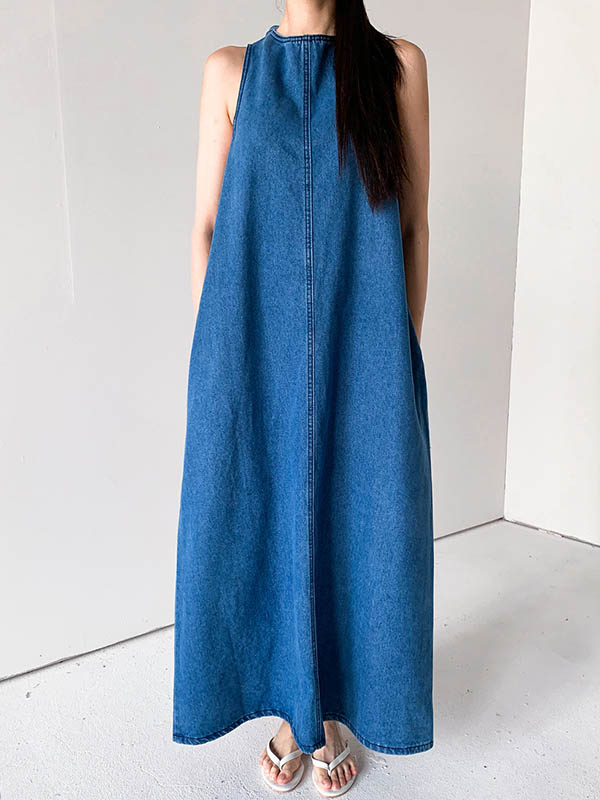 A-Line Loose Pockets Solid Color Tied Round-Neck Maxi Dresses - Image 12