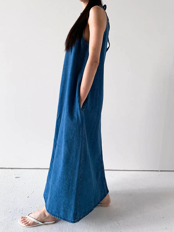 A-Line Loose Pockets Solid Color Tied Round-Neck Maxi Dresses - Image 13