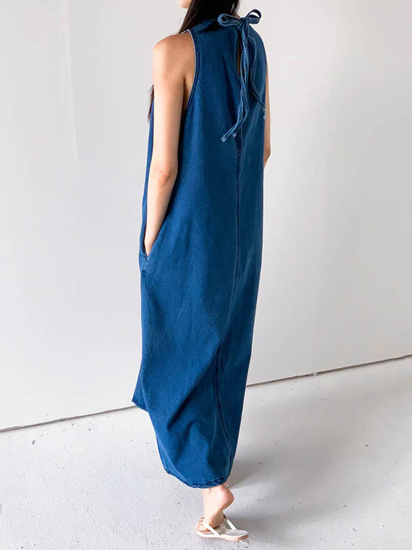 A-Line Loose Pockets Solid Color Tied Round-Neck Maxi Dresses - Image 14