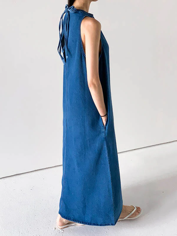 A-Line Loose Pockets Solid Color Tied Round-Neck Maxi Dresses - Image 15