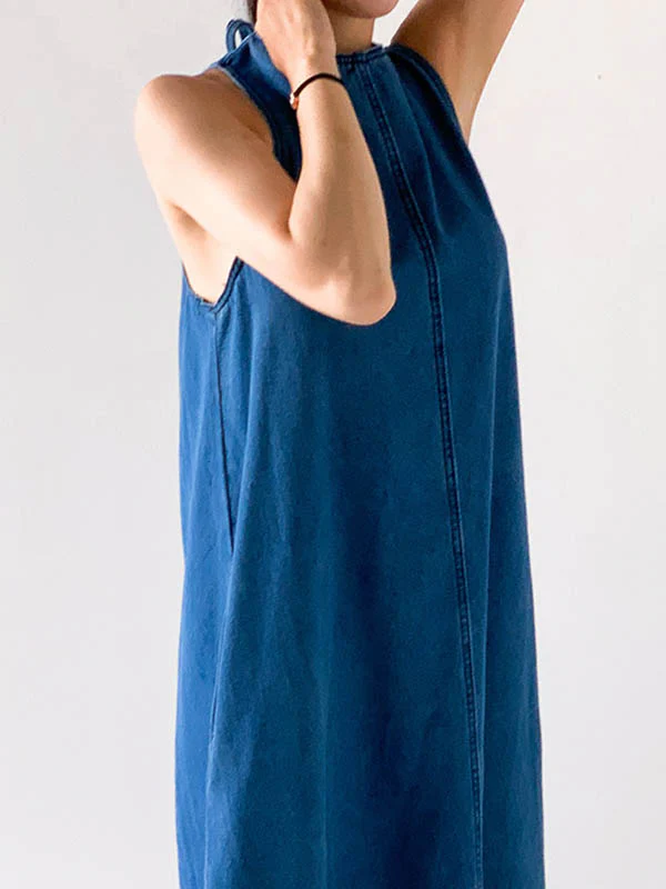 A-Line Loose Pockets Solid Color Tied Round-Neck Maxi Dresses - Image 18