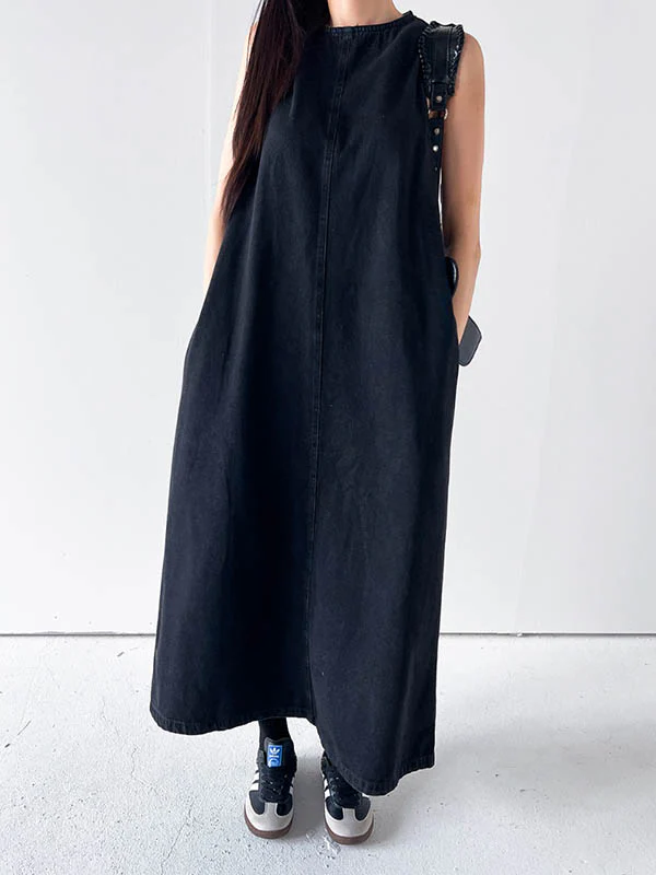 A-Line Loose Pockets Solid Color Tied Round-Neck Maxi Dresses - Image 2