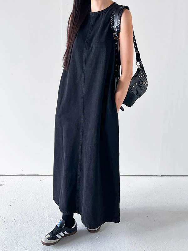 A-Line Loose Pockets Solid Color Tied Round-Neck Maxi Dresses - Image 3