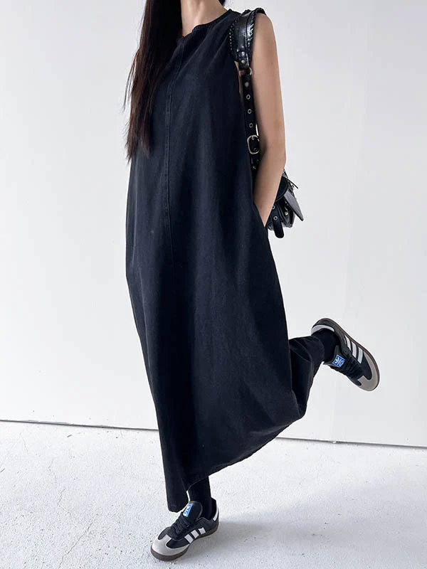 A-Line Loose Pockets Solid Color Tied Round-Neck Maxi Dresses - Image 4