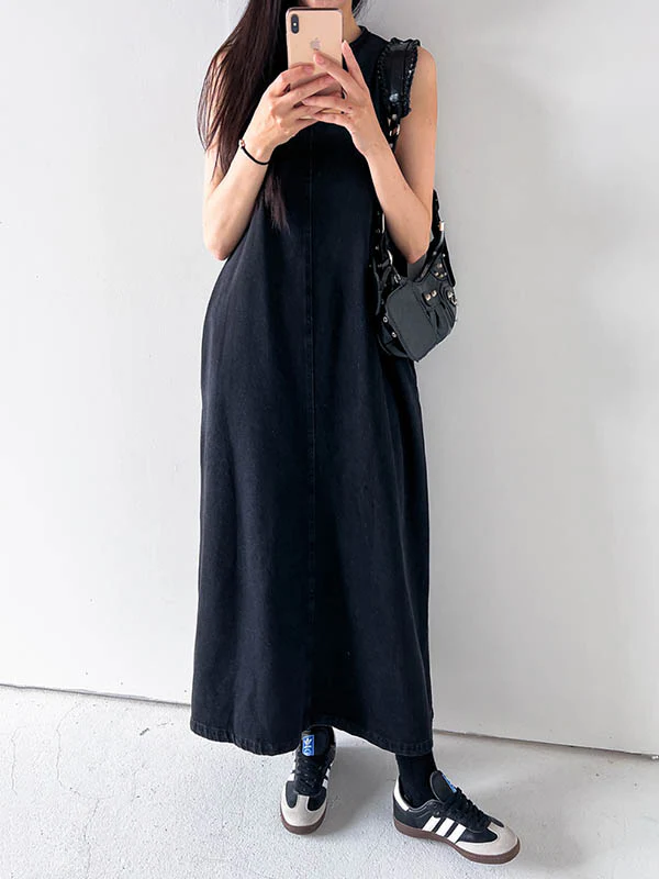 A-Line Loose Pockets Solid Color Tied Round-Neck Maxi Dresses - Image 5