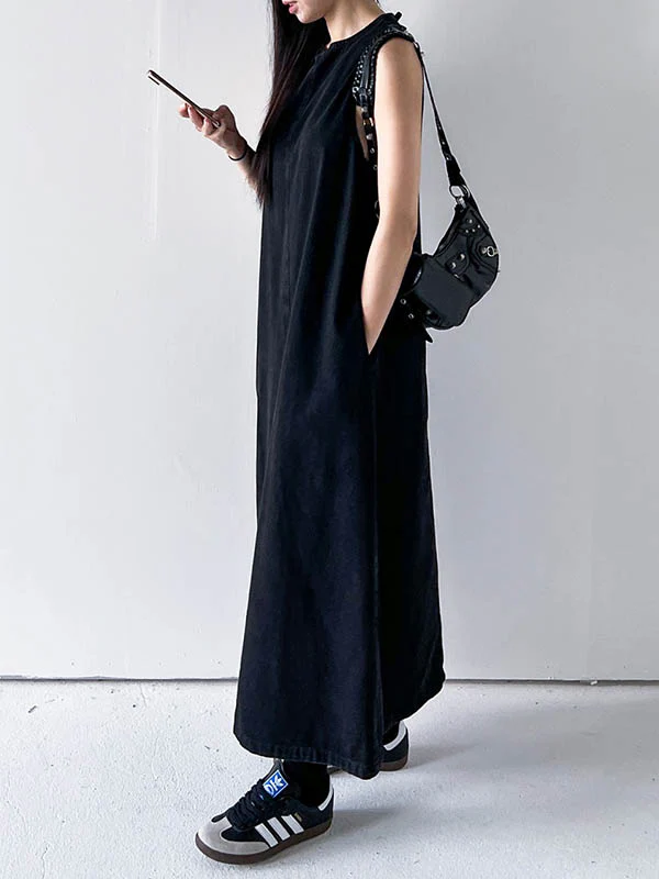 A-Line Loose Pockets Solid Color Tied Round-Neck Maxi Dresses - Image 6