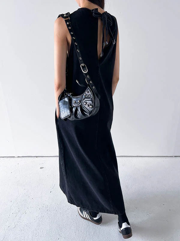 A-Line Loose Pockets Solid Color Tied Round-Neck Maxi Dresses - Image 7