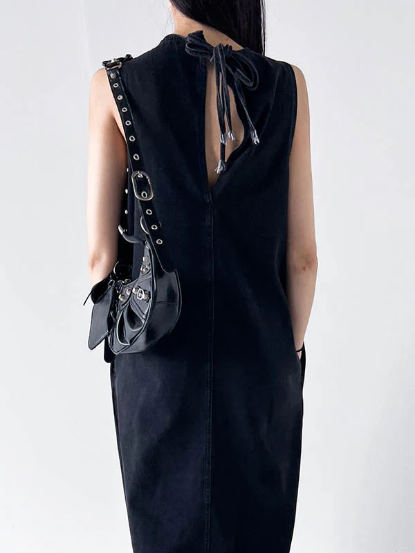 A-Line Loose Pockets Solid Color Tied Round-Neck Maxi Dresses - Image 8