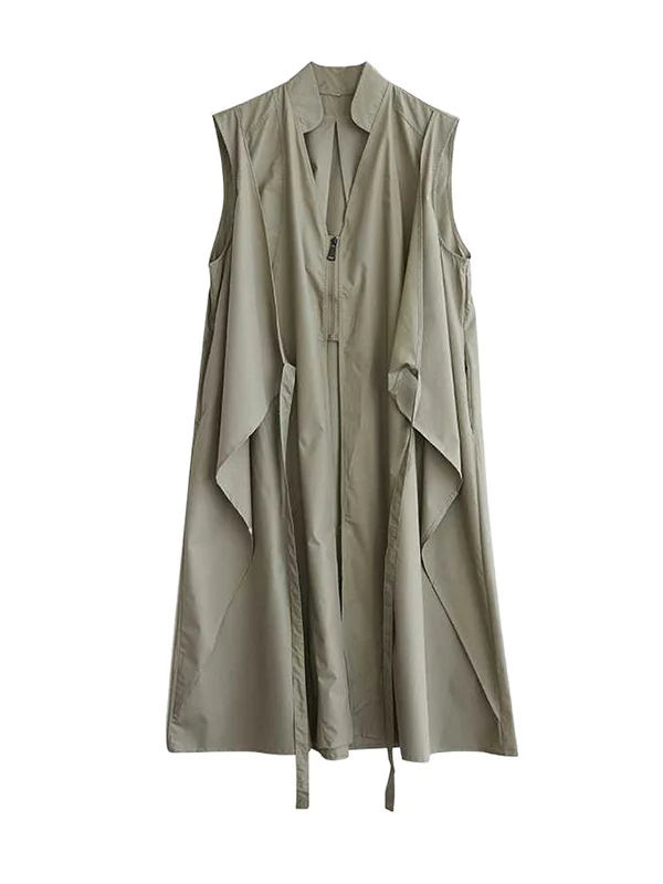 A-Line Loose Pockets Solid Color Tied Zipper V-Neck Midi Dresses Shirt Dress - Image 10