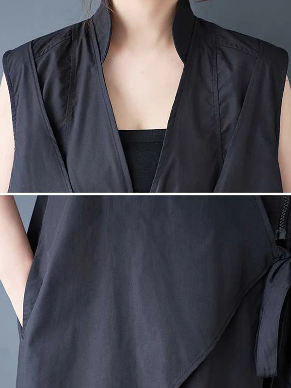 A-Line Loose Pockets Solid Color Tied Zipper V-Neck Midi Dresses Shirt Dress - Image 11