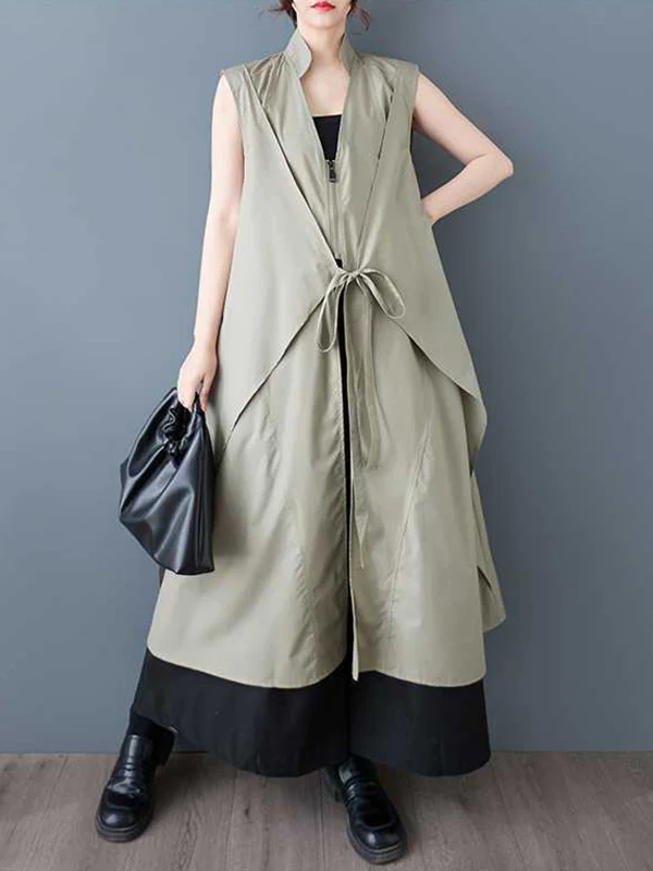 A-Line Loose Pockets Solid Color Tied Zipper V-Neck Midi Dresses Shirt Dress - Image 2