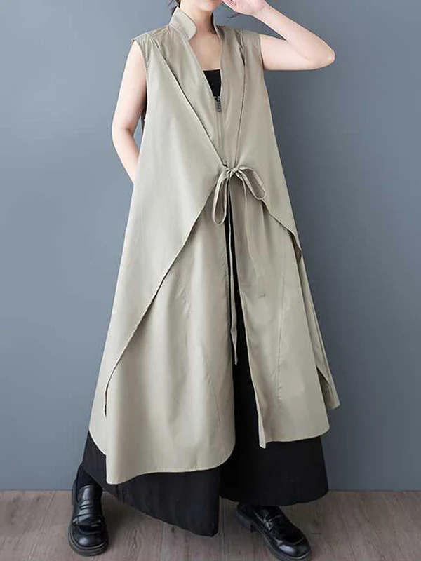 A-Line Loose Pockets Solid Color Tied Zipper V-Neck Midi Dresses Shirt Dress - Image 3