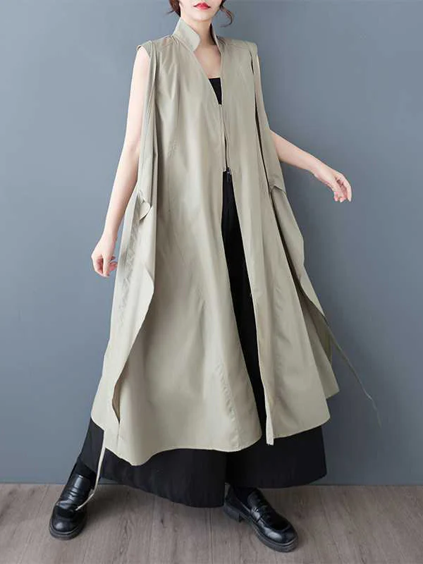 A-Line Loose Pockets Solid Color Tied Zipper V-Neck Midi Dresses Shirt Dress - Image 4