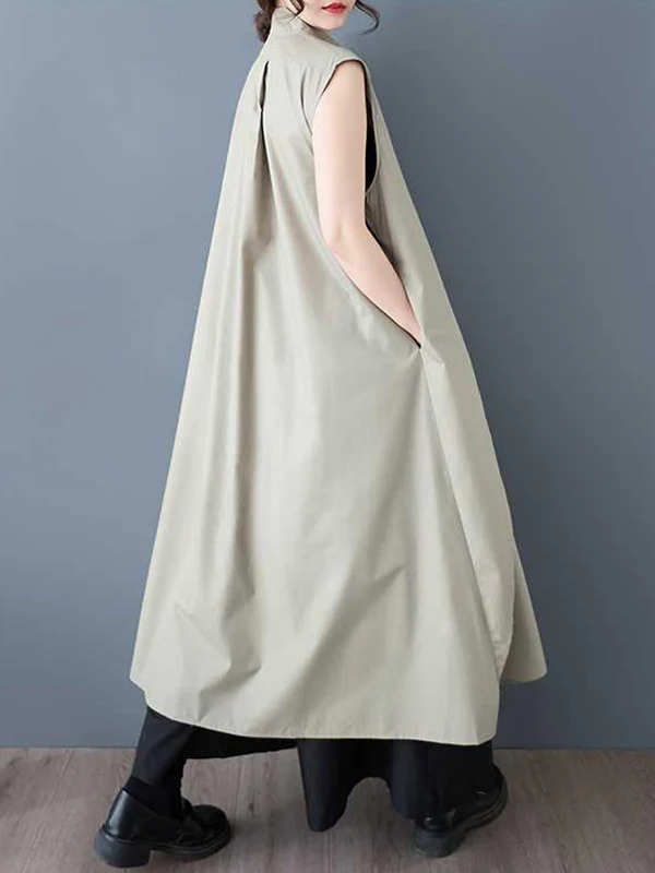 A-Line Loose Pockets Solid Color Tied Zipper V-Neck Midi Dresses Shirt Dress - Image 5