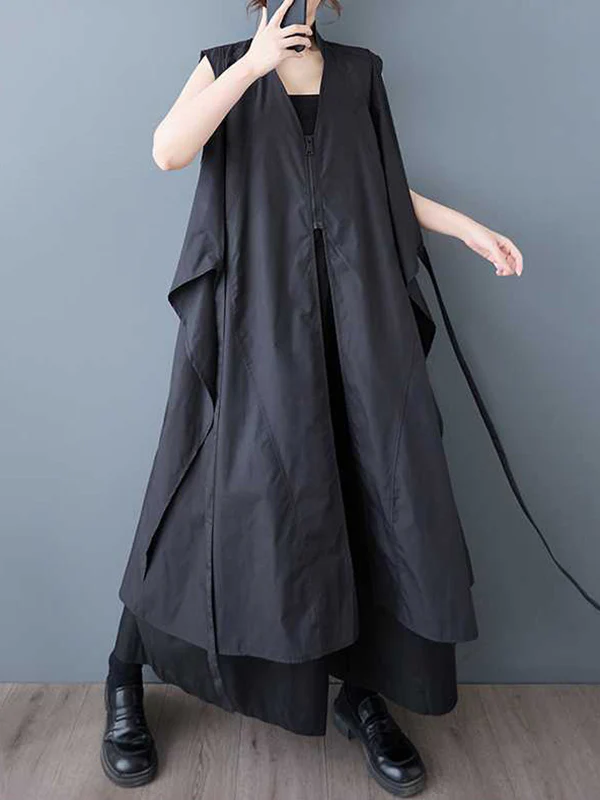 A-Line Loose Pockets Solid Color Tied Zipper V-Neck Midi Dresses Shirt Dress - Image 6