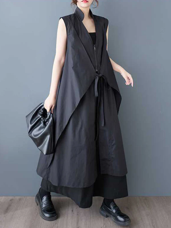 A-Line Loose Pockets Solid Color Tied Zipper V-Neck Midi Dresses Shirt Dress - Image 7