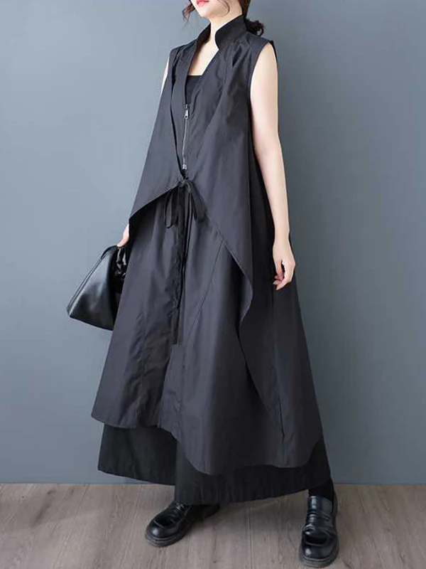 A-Line Loose Pockets Solid Color Tied Zipper V-Neck Midi Dresses Shirt Dress - Image 8