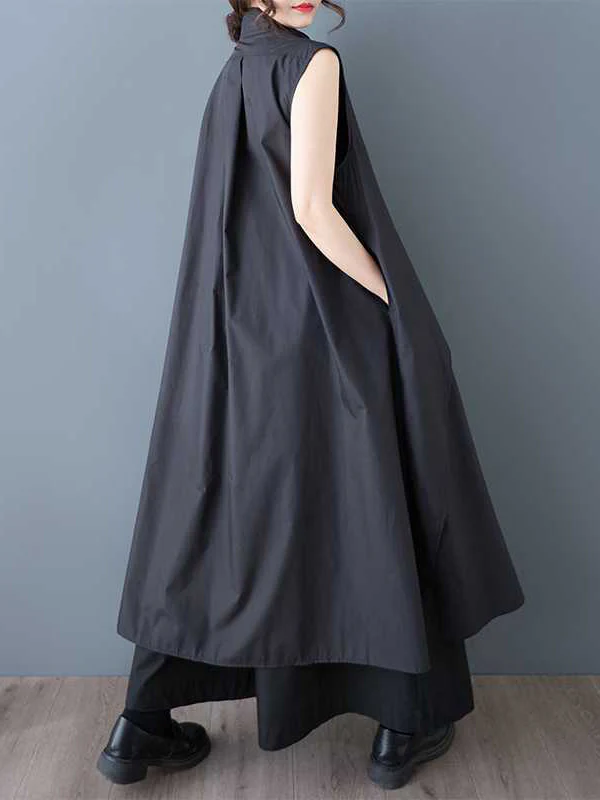 A-Line Loose Pockets Solid Color Tied Zipper V-Neck Midi Dresses Shirt Dress - Image 9