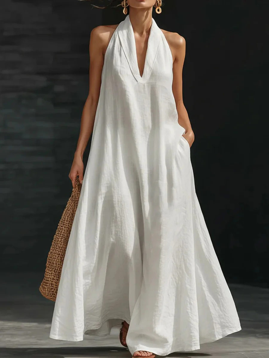 A-Line Loose Pockets Solid Color V-Neck Maxi Dresses - Image 2