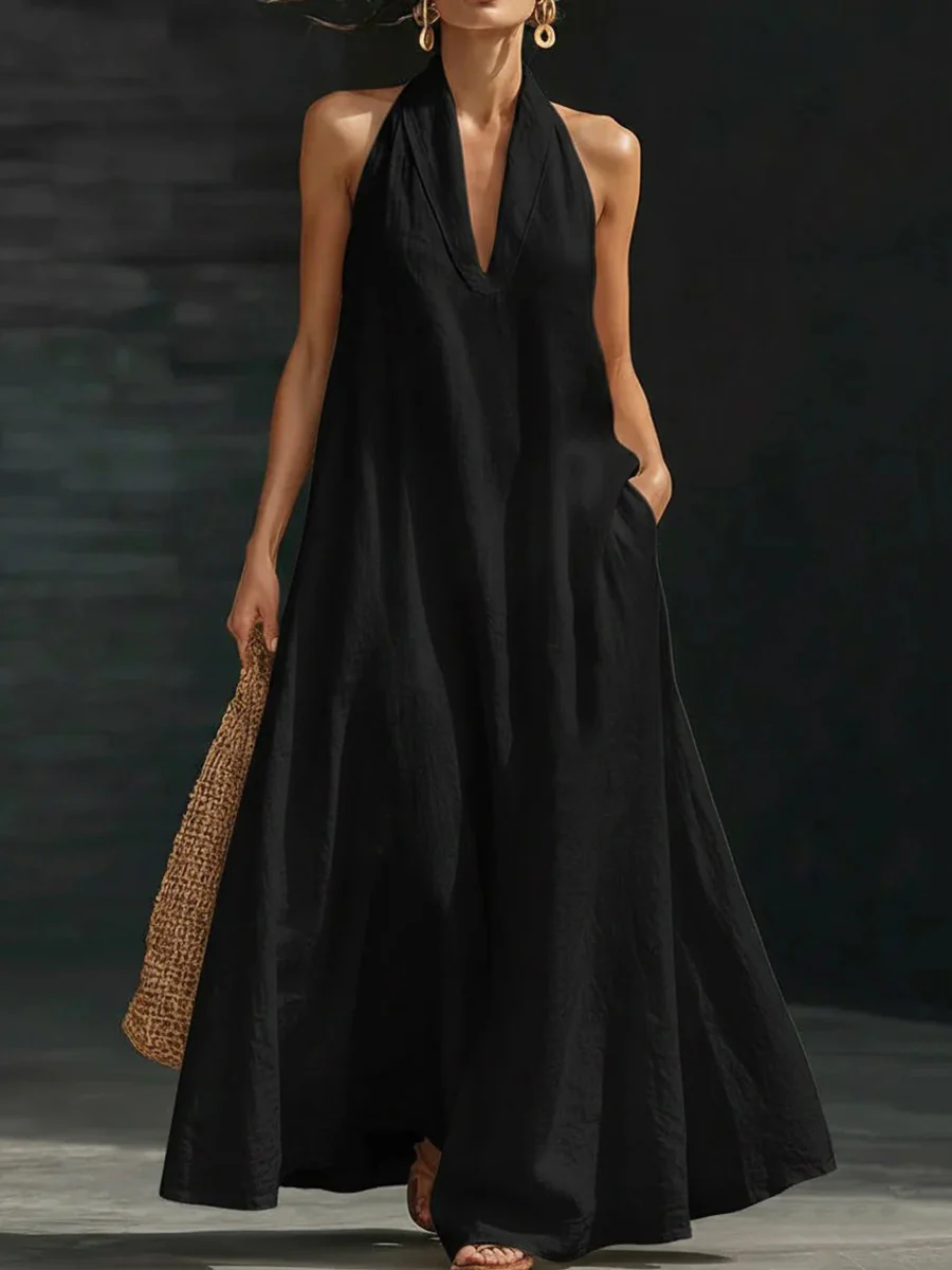 A-Line Loose Pockets Solid Color V-Neck Maxi Dresses - Image 3