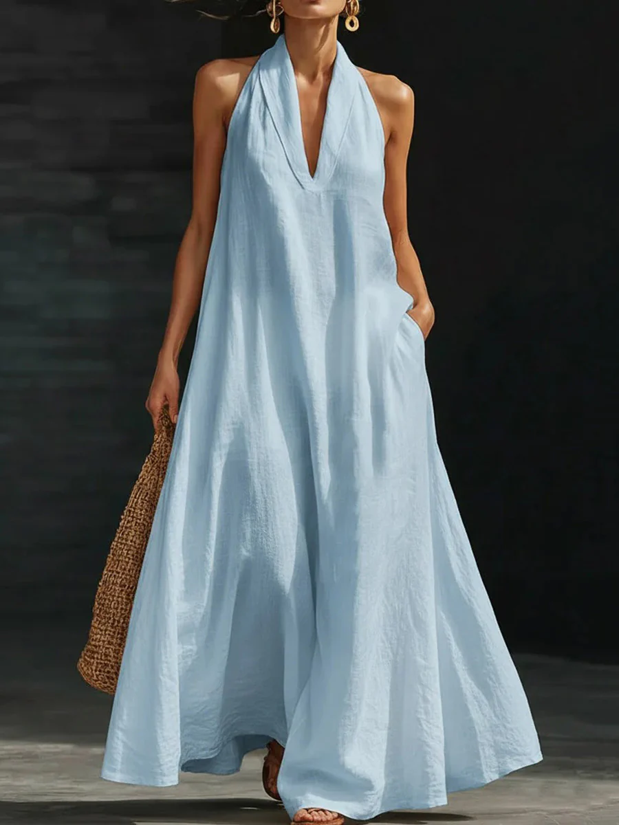 A-Line Loose Pockets Solid Color V-Neck Maxi Dresses - Image 4
