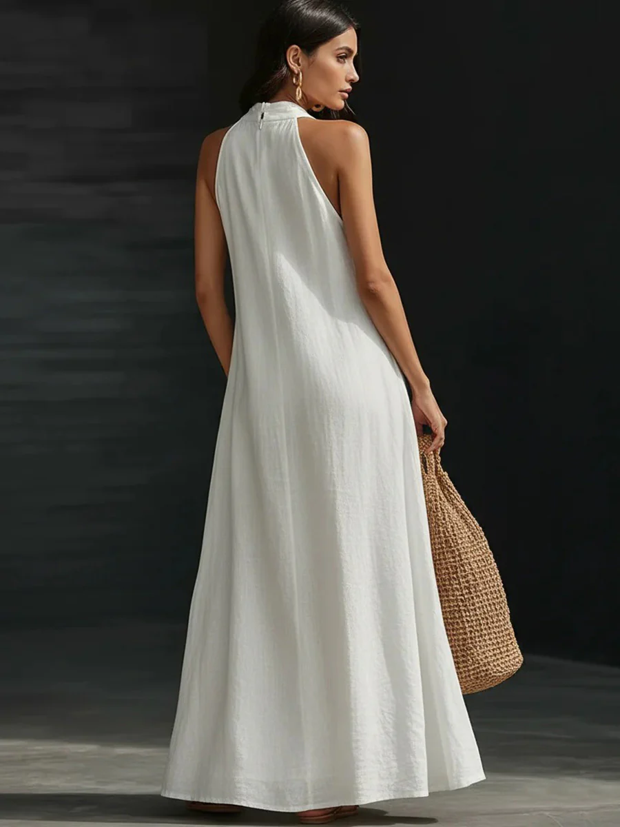 A-Line Loose Pockets Solid Color V-Neck Maxi Dresses - Image 5