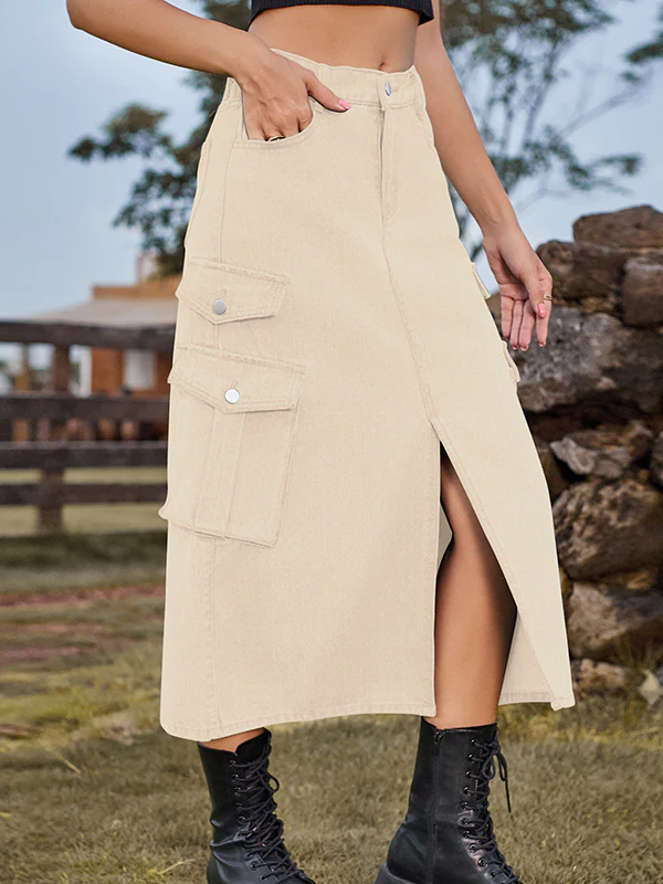 A-Line Loose Pockets Split-Front Split-Joint Denim Skirts - Image 10