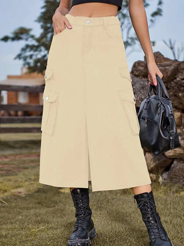 A-Line Loose Pockets Split-Front Split-Joint Denim Skirts - Image 11