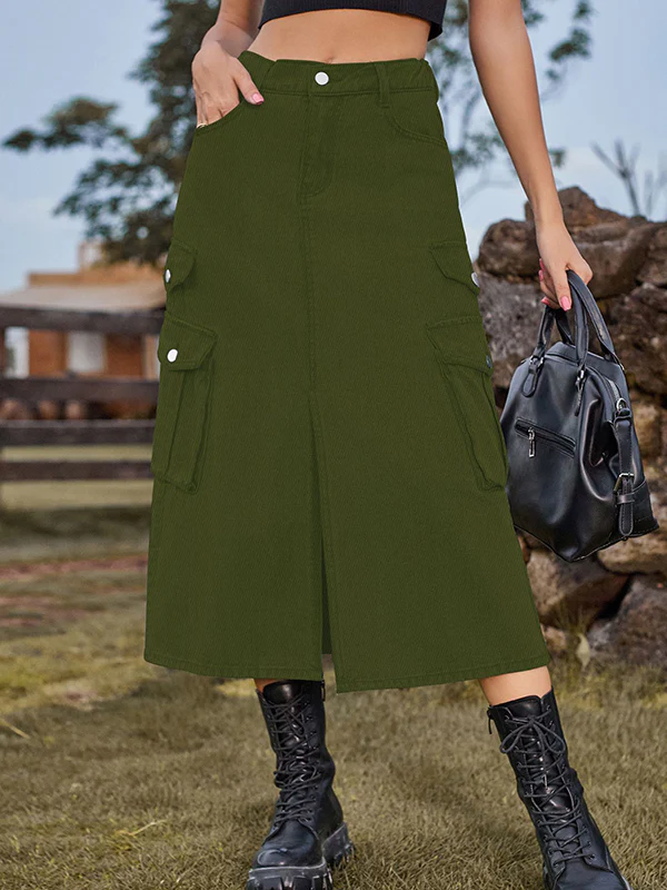 A-Line Loose Pockets Split-Front Split-Joint Denim Skirts - Image 12